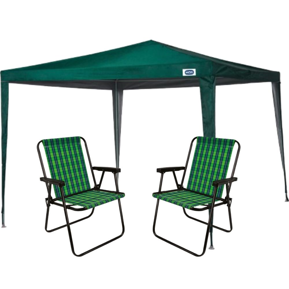 Kit Gazebo Oxford Verde 3x3m + 2 Cadeiras Xadrez Oliva MOR 1