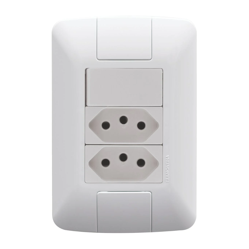 Conjunto 4x2 Com 1 Interruptor Simples 6A 250V e 2 Tomadas 2P+T 10A 250V Branco 57241087 Aria Tramontina 1