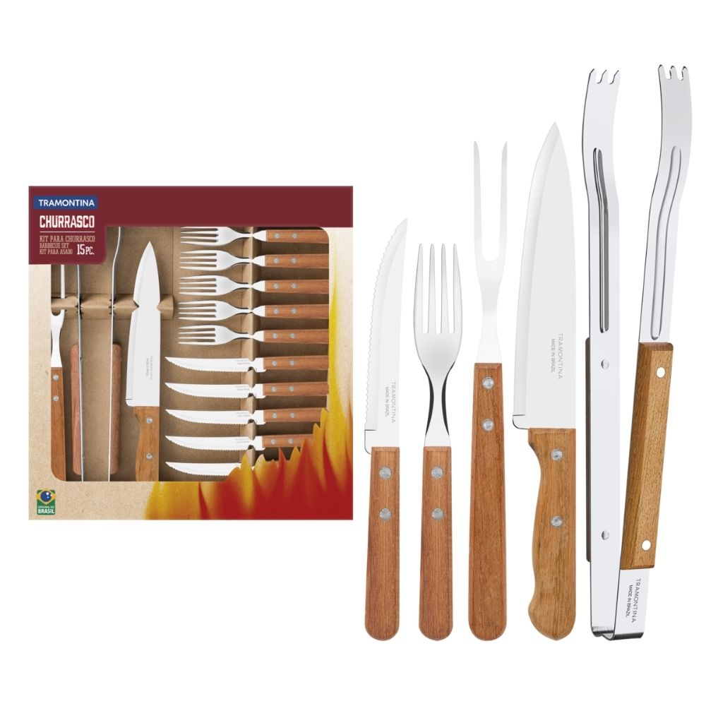 Kit Para Churrasco Em Aço Inox Com Cabo De Madeira Natural 15 Peças 22399028 Tramontina 1