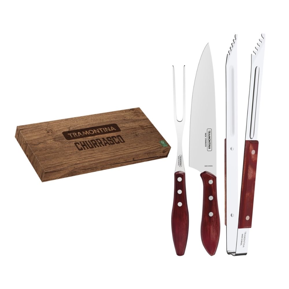 Kit Churrasco 3 Peças Com Lâminas Em Aço Inox e Cabos De Madeira Polywood Vermelho 29899264 Tramontina 3