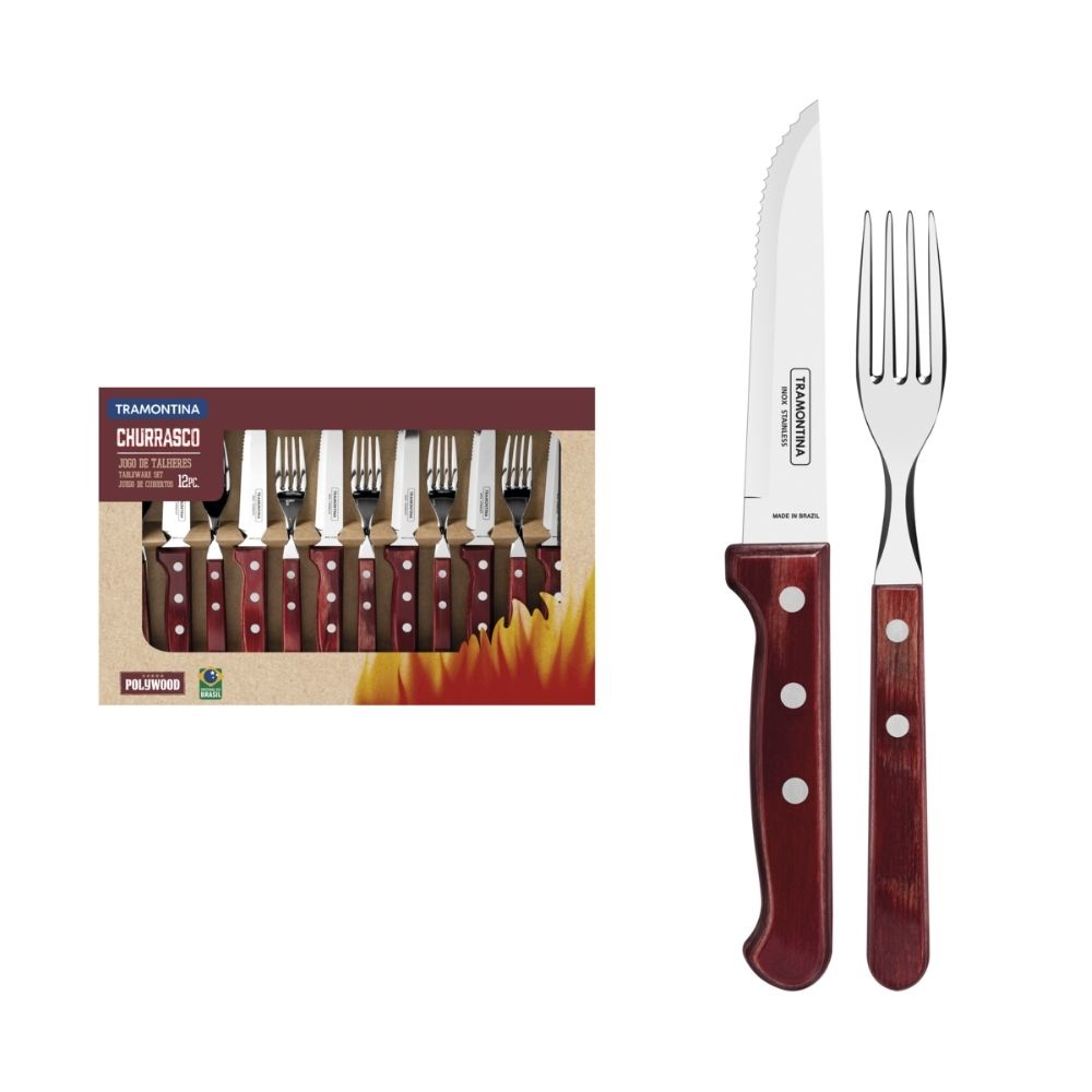 Jogo de Talheres Churrasco Laminas em Aço Inox e Cabo de Madeira Polywood Vermelho 12 Peças 21198776 Tramontina 1
